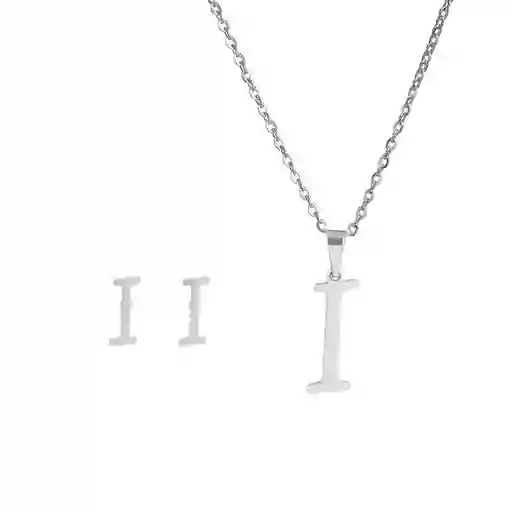 Collar Inicial Letra I Juego Joya + Arete Incial I + Estuche