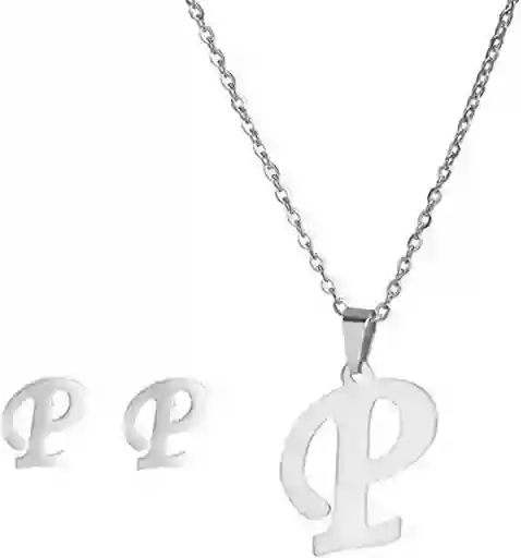 Collar Inicial Letra P Juego Joya + Arete Incial P + Estuche