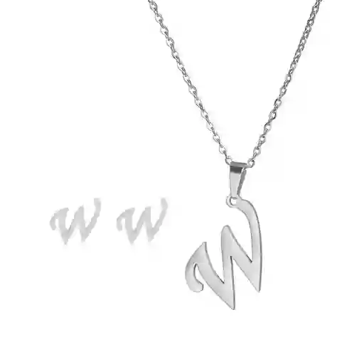 Collar Inicial Letra W Juego Joya + Arete Incial W + Estuche