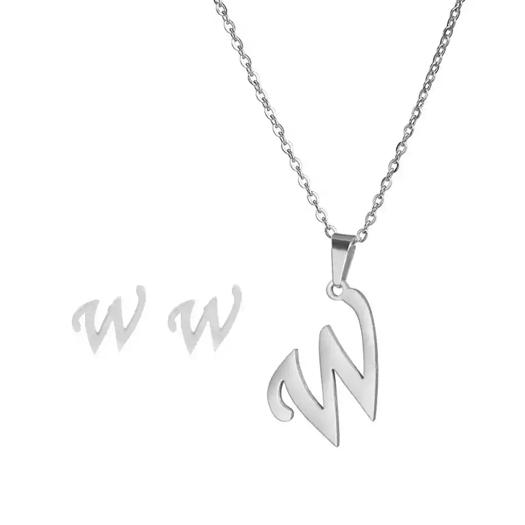 Collar Inicial Letra W Juego Joya + Arete Incial W + Estuche