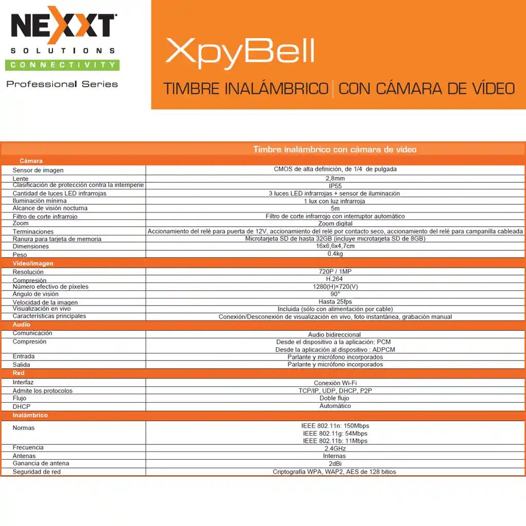 Video Cámara Timbre Inalámbrico Nexxt Xpy Bell Audio Alarma