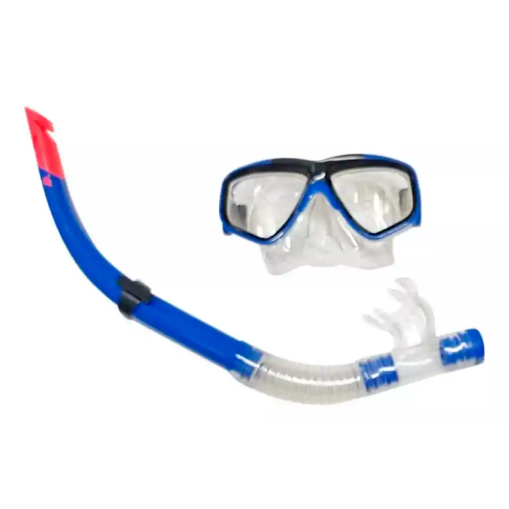 Set Careta Y Snorkel Swimmer Buceo Silicona Doble Válvula Azul