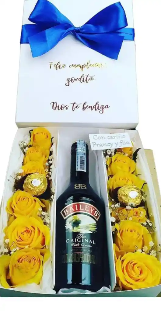 Caja Rosas Amarllas O Naranjadas Y Baileys Mensaje Unicamente Al Chat De La Tienda