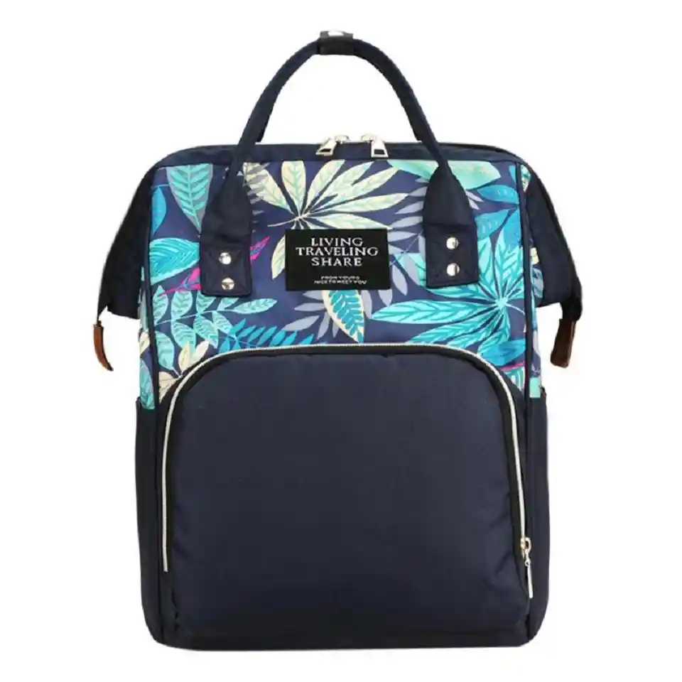 Pañalera Multifuncional Morral Bolso Bebe Mochila Niño Niña Azul Oscuro Flores