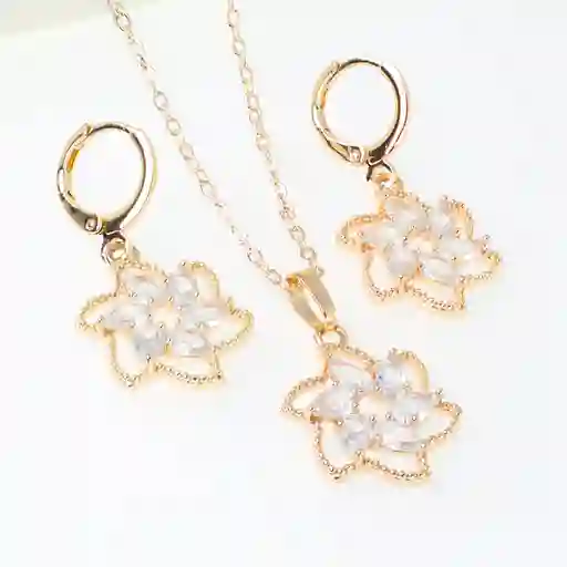 Conjunto Floral Con Cristales Baño Oro 18k