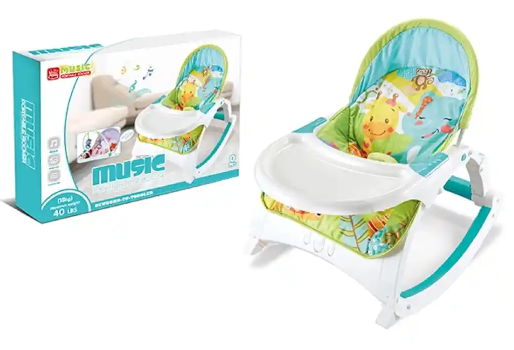 Silla Comedor Bebe Relajante Mecedora Musical Anti Reflujo 0-4 Años Con Bandeja Color Azul Unisex