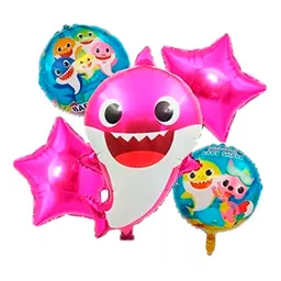 Set X5 Globos Metalizado Bouquet Personaje Fiesta Baby Shark