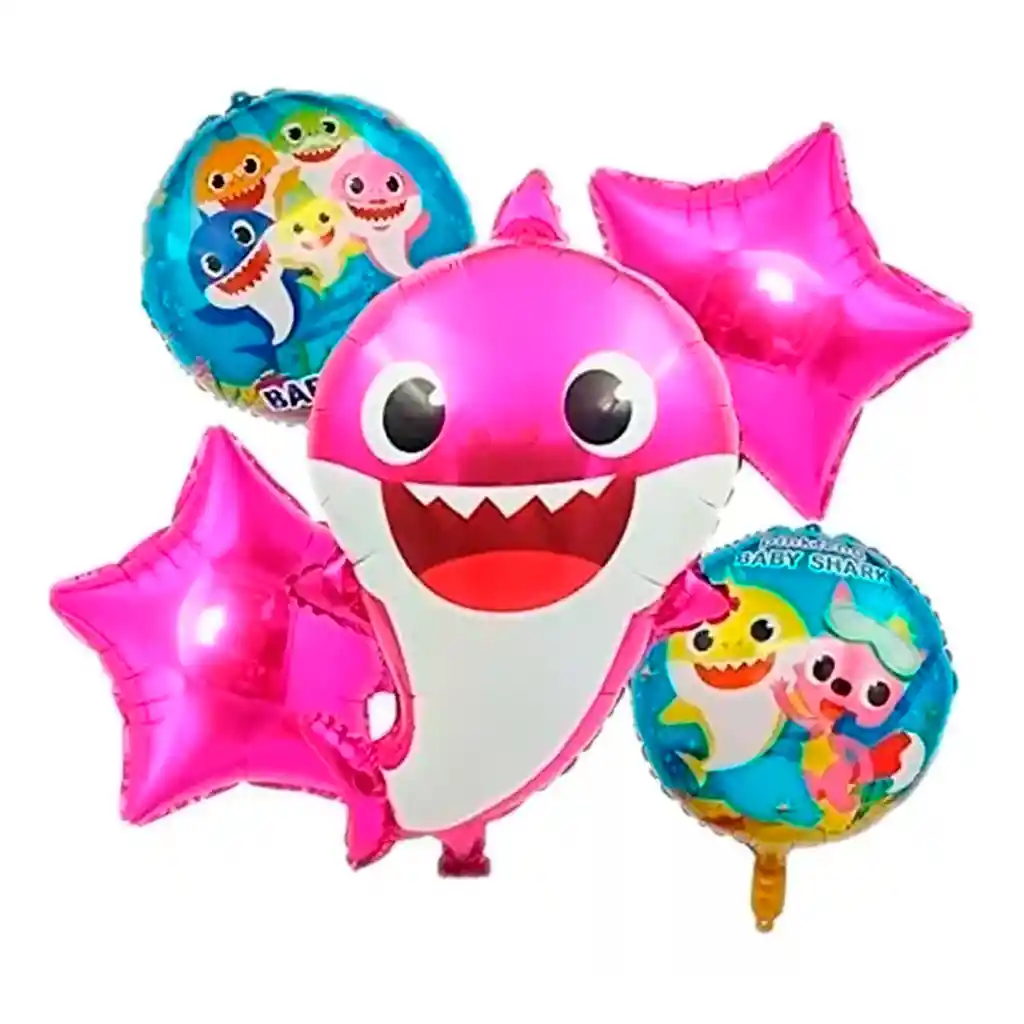 Set X5 Globos Metalizado Bouquet Personaje Fiesta Baby Shark