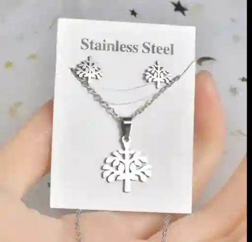 Juego De Cadenas Y Collar En Acero Diseño Del Arbol De La Vida Labrado Plateado