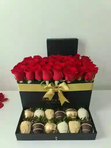 Caja De Lujo Gaveta Rosas 28 A 32, 12 Fresas Con Chocolate(programar)