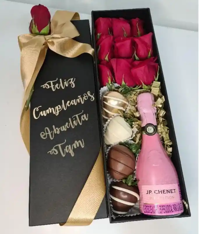 Caja De Lujo Rosas, Fresas Y Jp Chenet O Chandon Mini