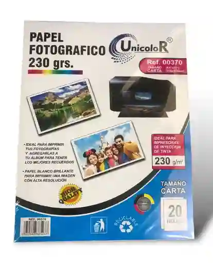 Papel Fotográfico Brillante 230gr. Tamaño Carta 20 Hojas Unicolor