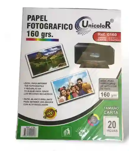 Papel Fotográfico Brillante 160gr. Tamaño Carta 20 Hojas Unicolor