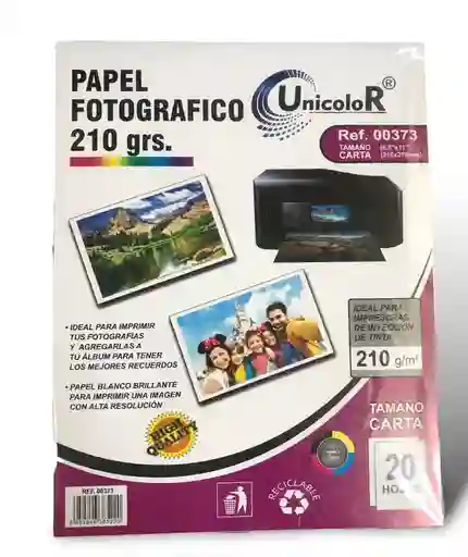 Papel Fotográfico Brillante 210 Gr. Tamaño Carta 20 Hojas Unicolor