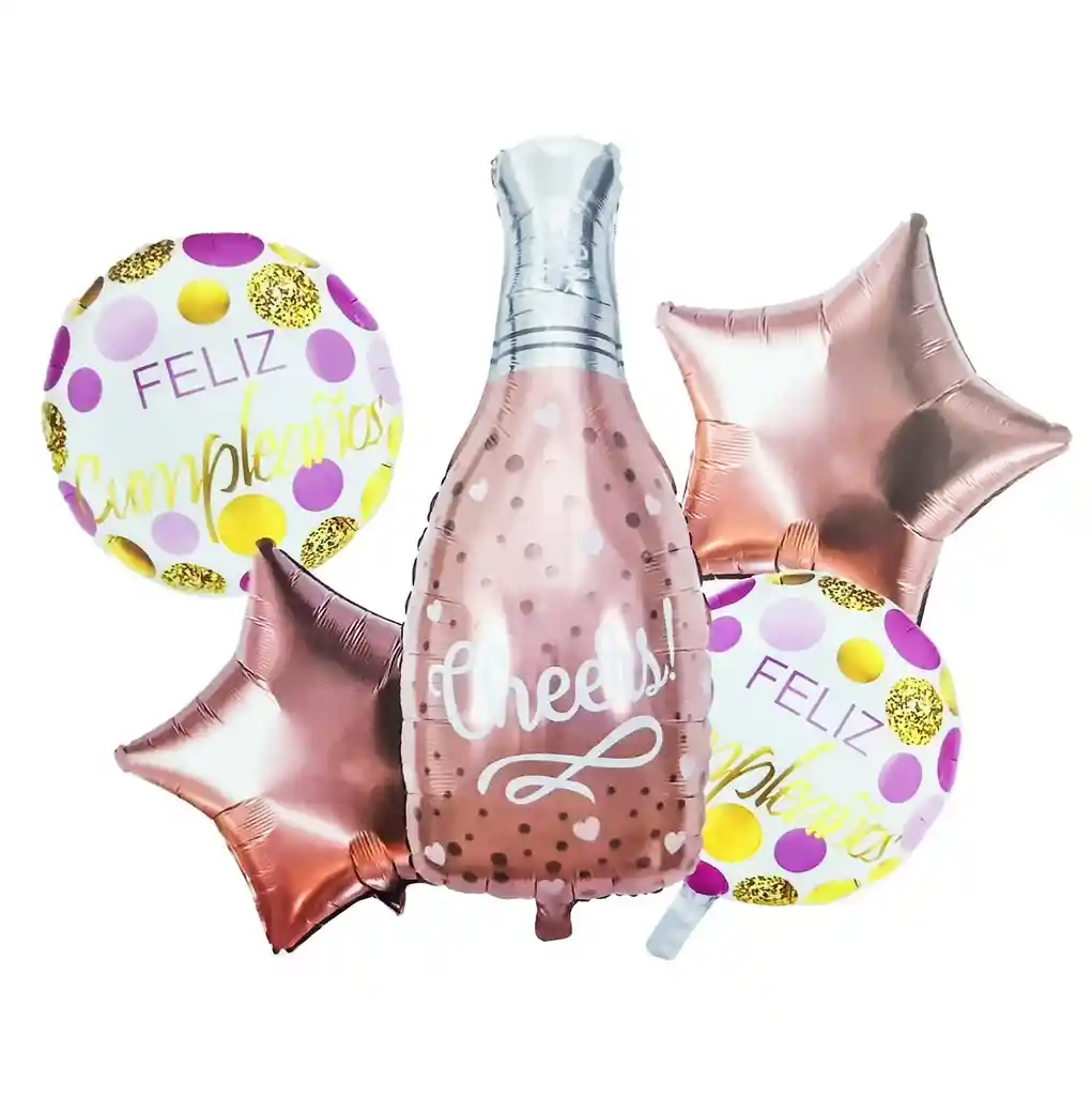 Kit Set Globo Feliz Cumpleaños Botella Champagne Metal Rosa Dayoshop