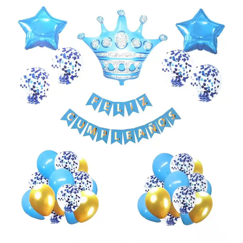 Kit Decoración Feliz Cumpleaños Dorado Corona Estrella Azul Dayoshop