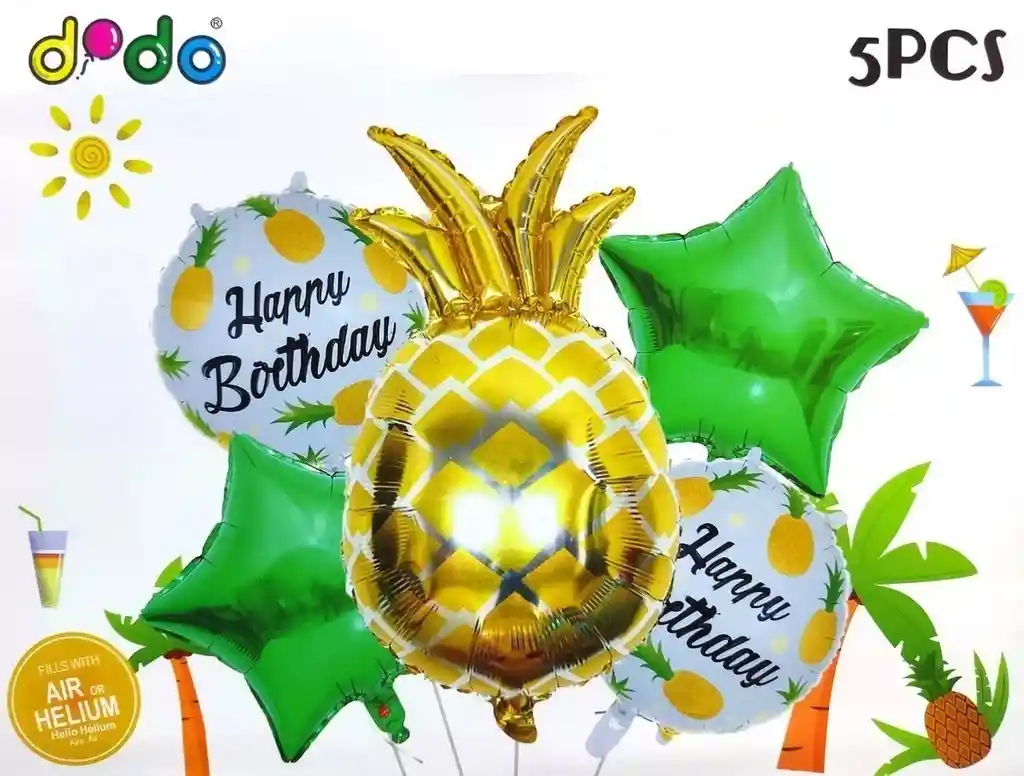 Globo Cerveza Feliz Cumpleaños Piña Dorada Estrella Hawaino Dayoshop