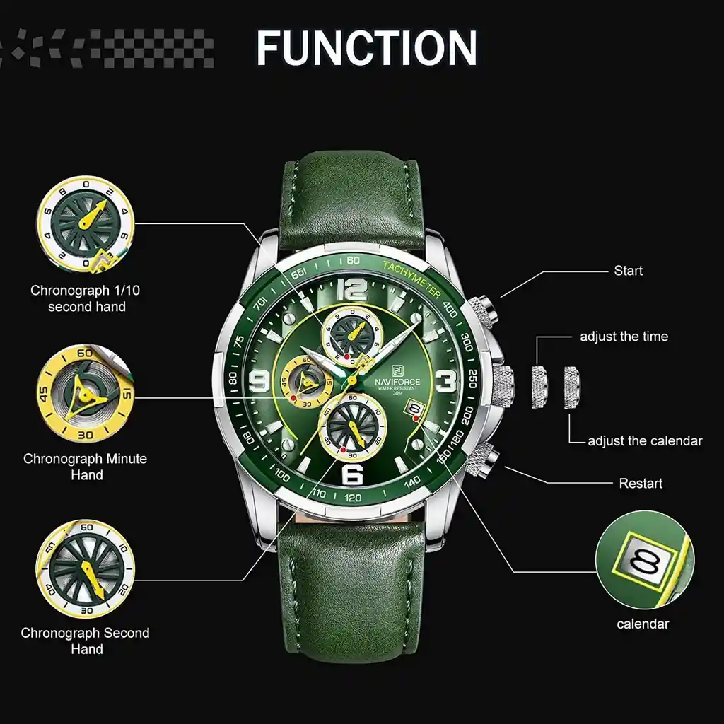 Reloj Naviforce Original Nf 8020 Cuero Verde + Estuche Dayoshop