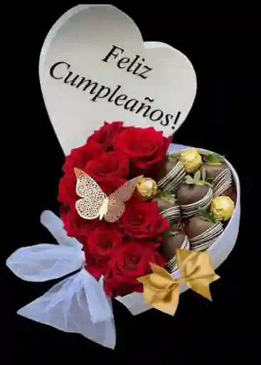 Caja Corazon Rosas Fresas Y Chocolates Pura Ternura, Feliz Cumpleaños, Feliz Aniversario, Feliz Dia