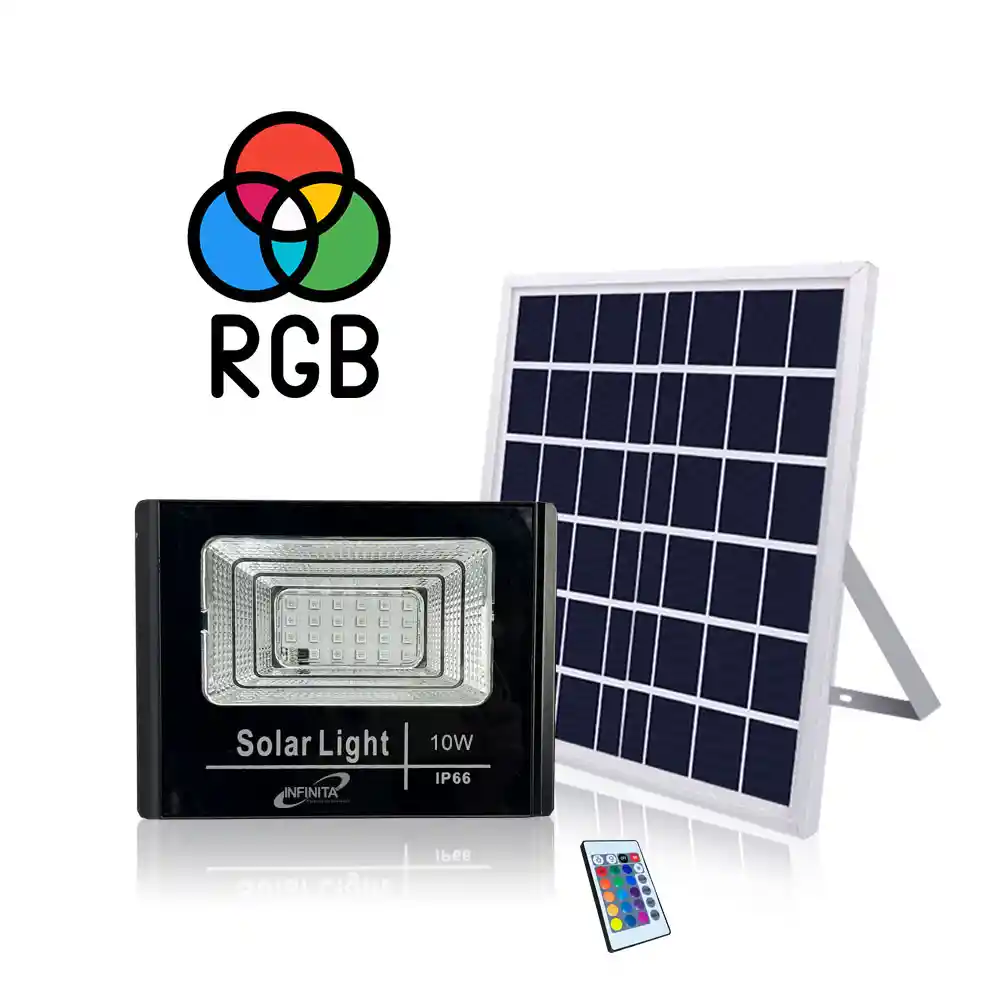 Reflector Led Rgb 10w Con Cargador Solar Y Accesorios