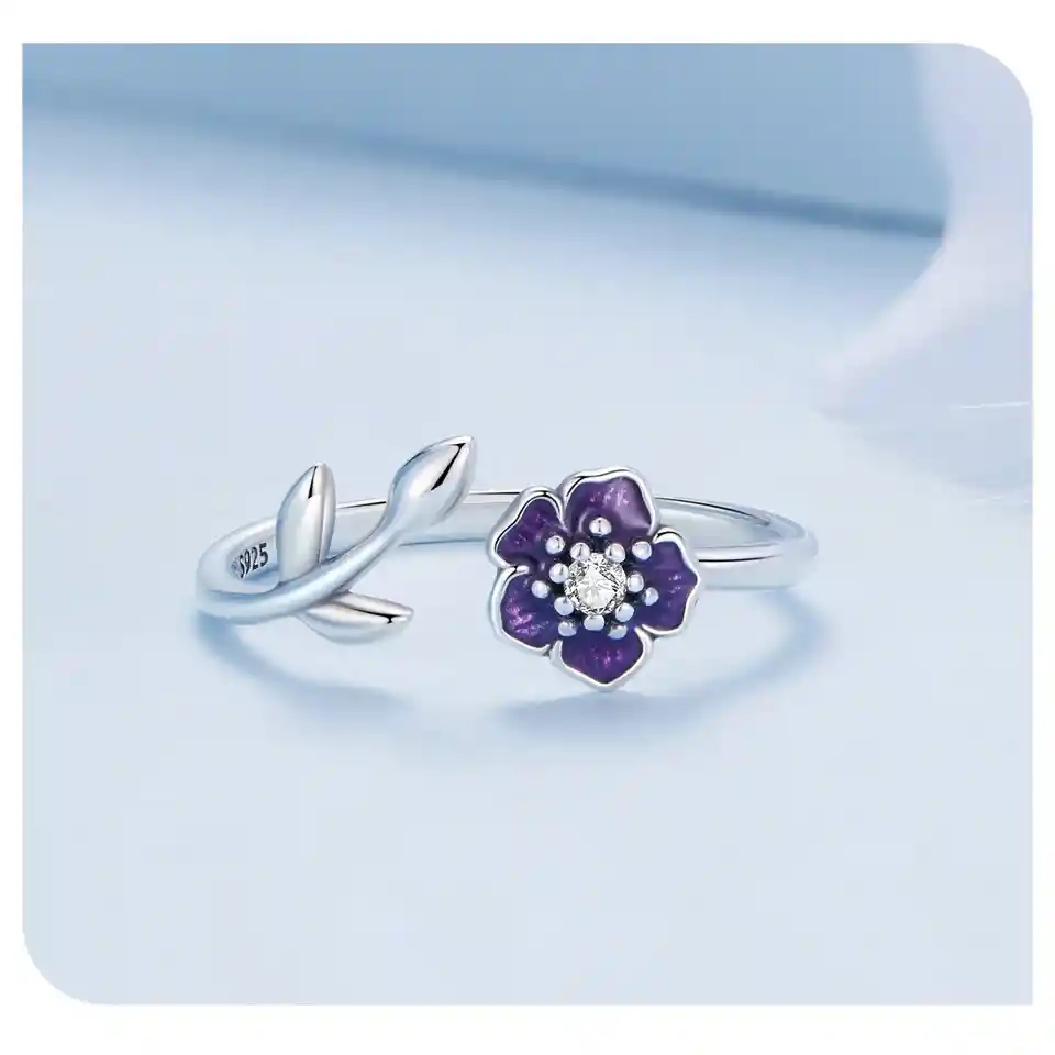 Anillo Ajustable Para Mujer Flor Circón En Plata 925