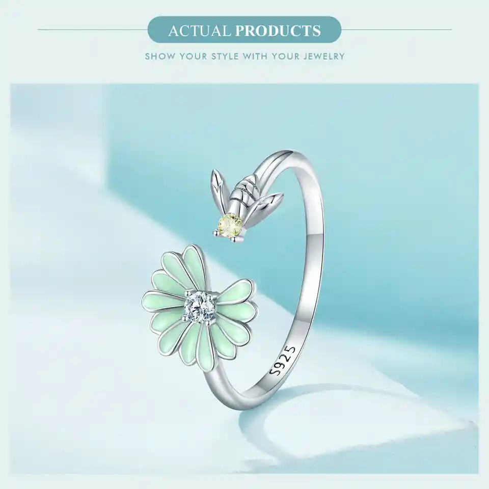 Anillo Para Mujer Ajustable Abeja Flor Circones En Plata 925