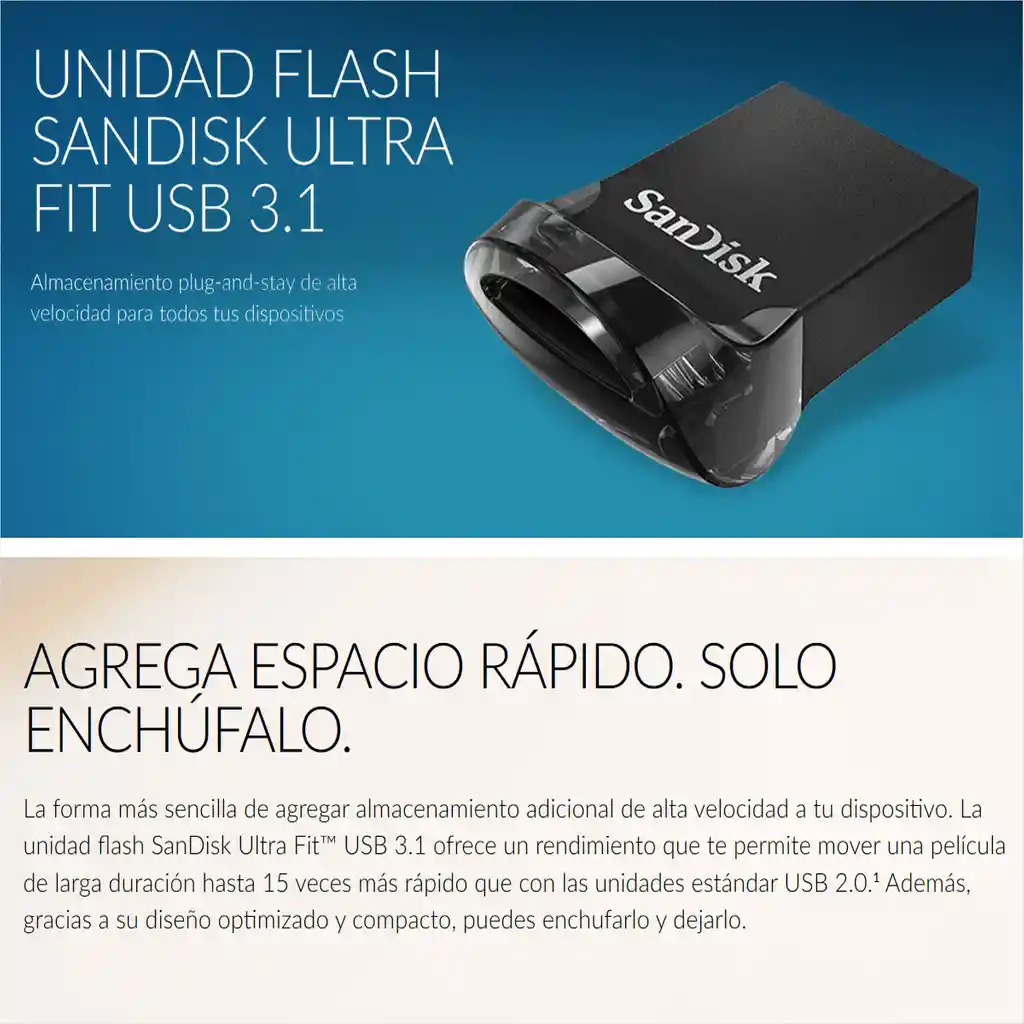 Memoria Flash Usb 3.1 De 32gb Sandisk Ultra Fit, 130mb/s