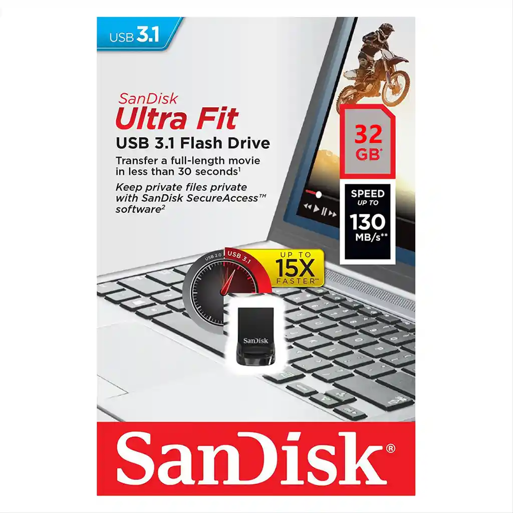 Memoria Flash Usb 3.1 De 32gb Sandisk Ultra Fit, 130mb/s