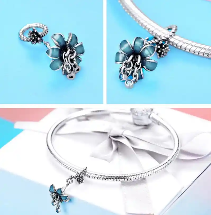 Dije Charm Flor Azul En Plata 925 Para Pulsera O Cadena