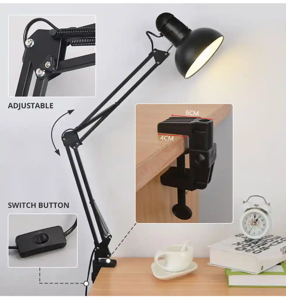 Lámpara De Escritorio Ajustable, Luz De Mesa De Lectura Luz Led, Brazo Largo, Retráctil Ad-800