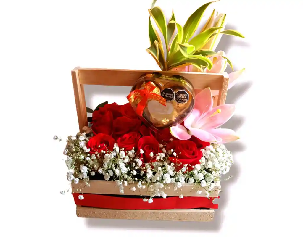 Caja De 16 Rosas ,lirio Y Chocolates