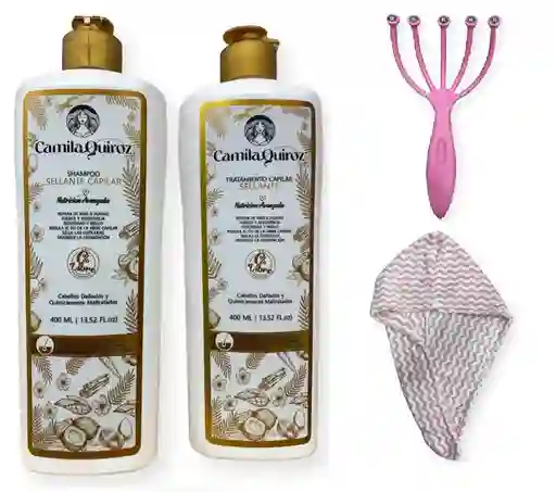 Kit Shampoo + Tratamiento + Masajeador + Toalla Microfibra Camila Quiroz