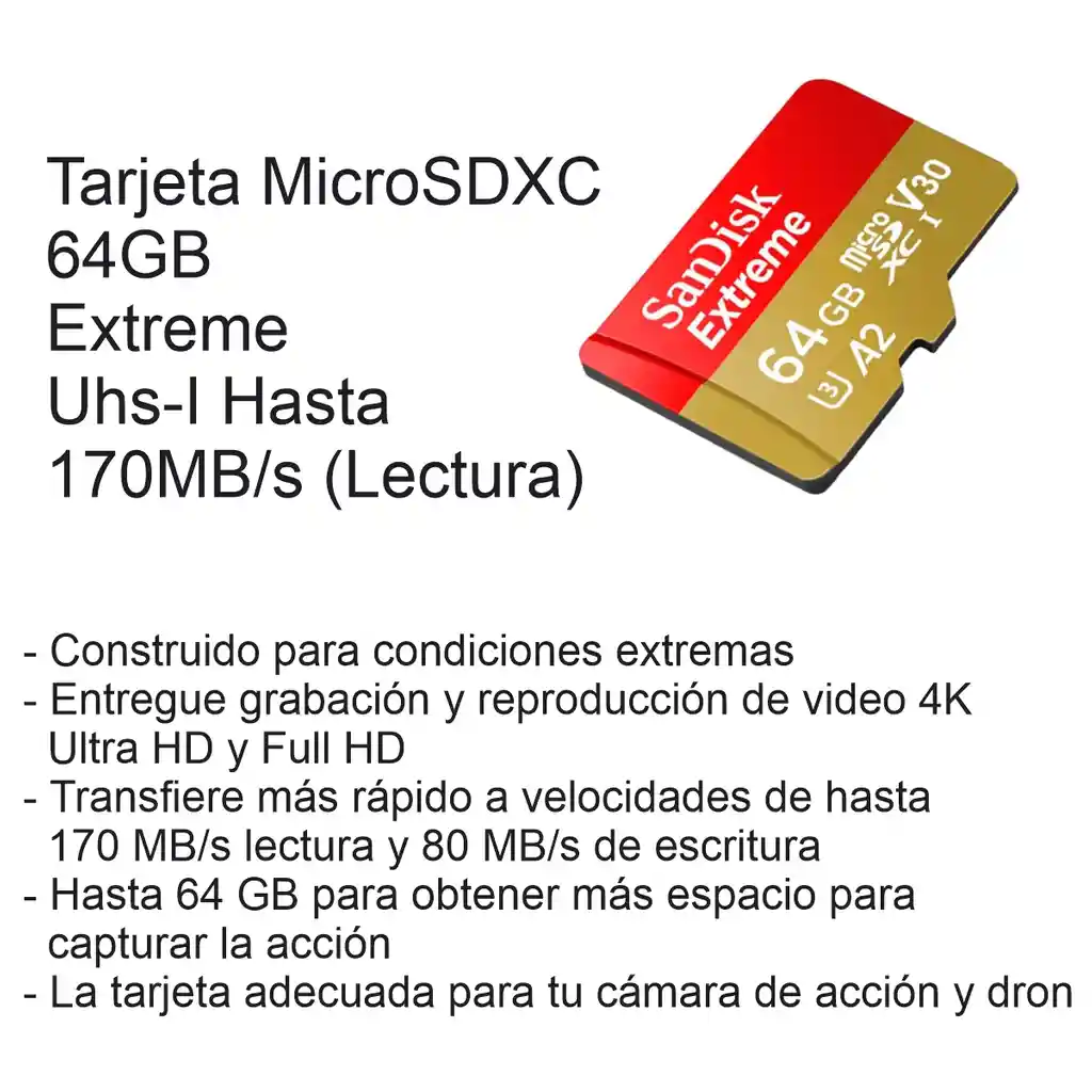 Tarjeta Micro Sdxc 64gb Sandisk Extreme, 4k, U3, A2, 170mb/s