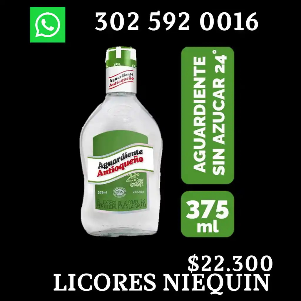 Aguardiente Antioqueño Sin Azúcar 24 Grados Media X 375 Ml