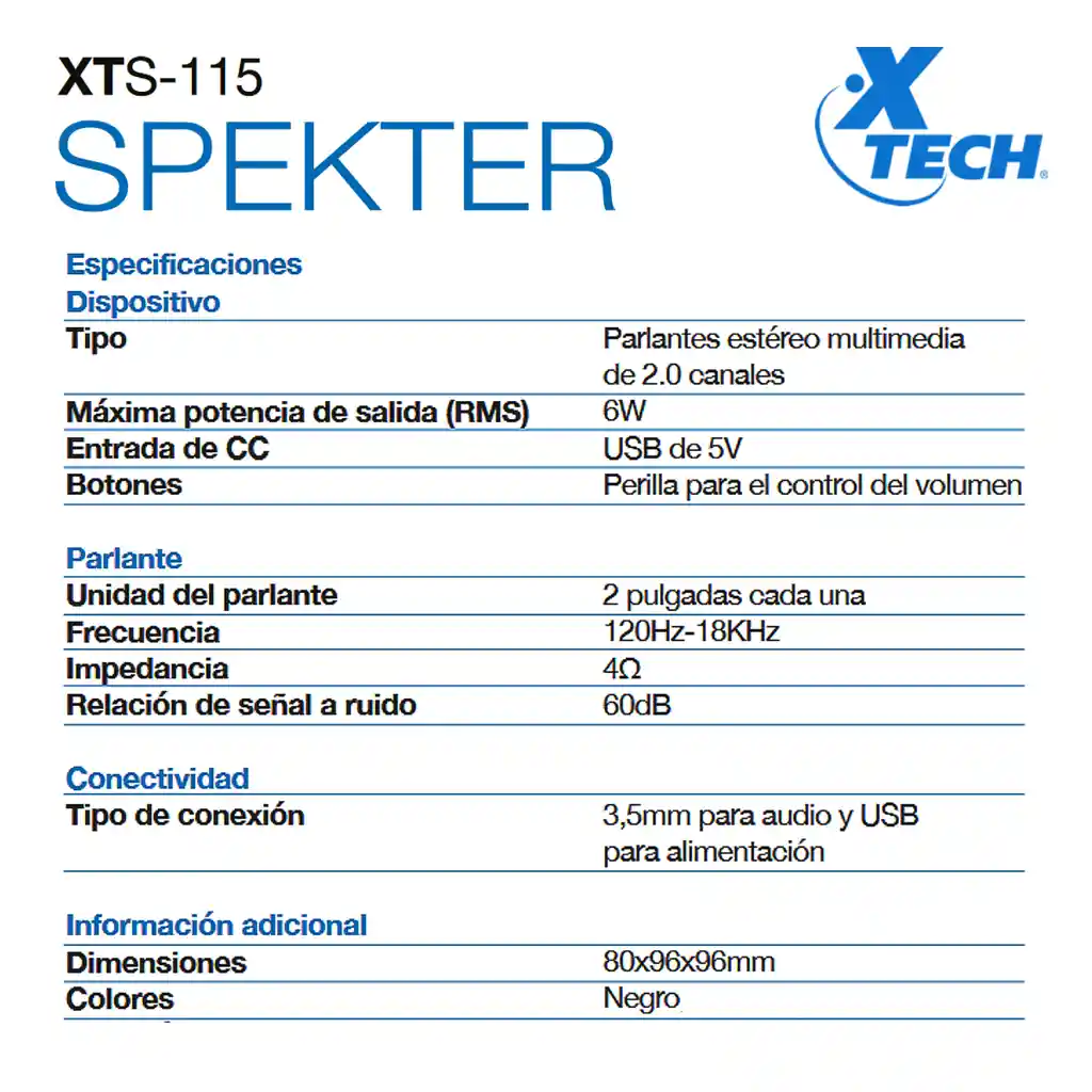 Parlantes Usb Estéreo Multimedia 2.0 Xtech Spekter Xts-115bl