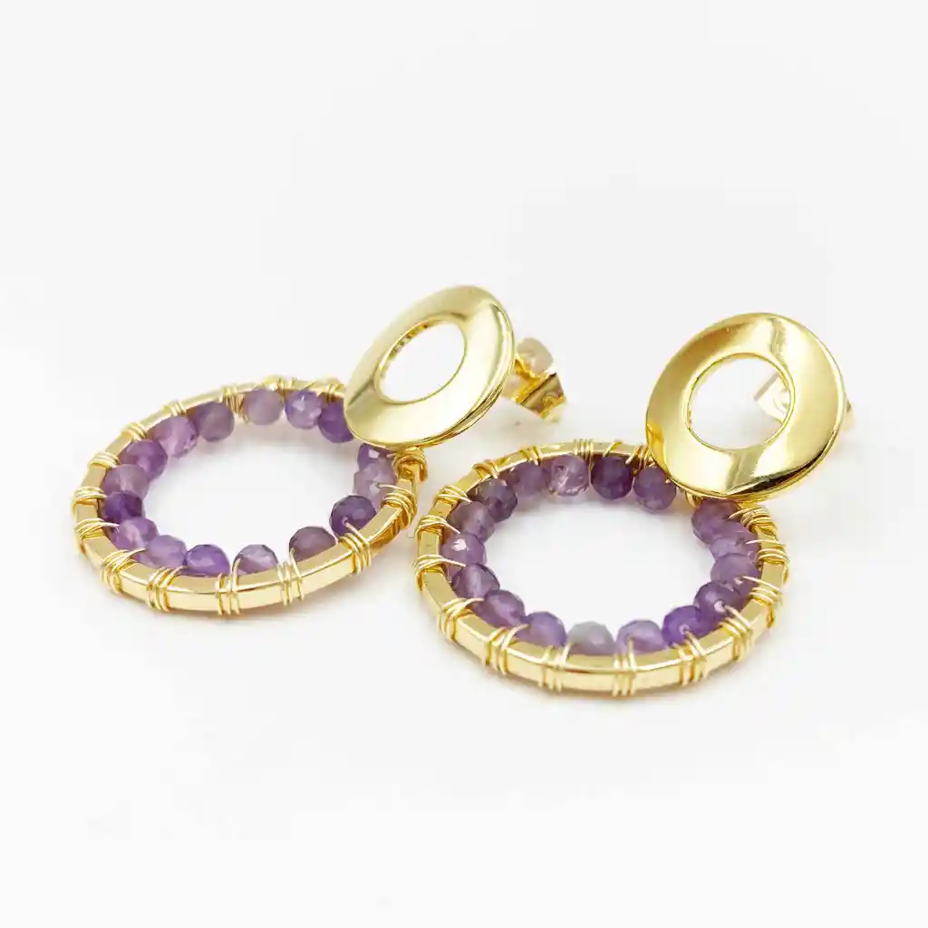Aretes Círculos Dorados Con Amatista