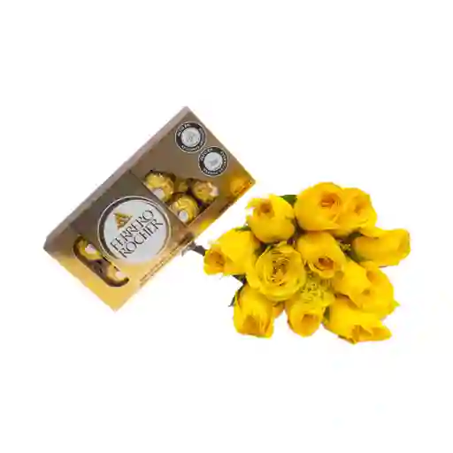 Arreglo Floral, 12 Rosas Amarillas Y Chocolates Ferrero X8