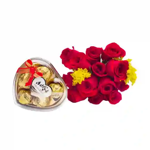 Arreglo Floral, 12 Rosas Rojas Y Chocolates Por 5 Unidades