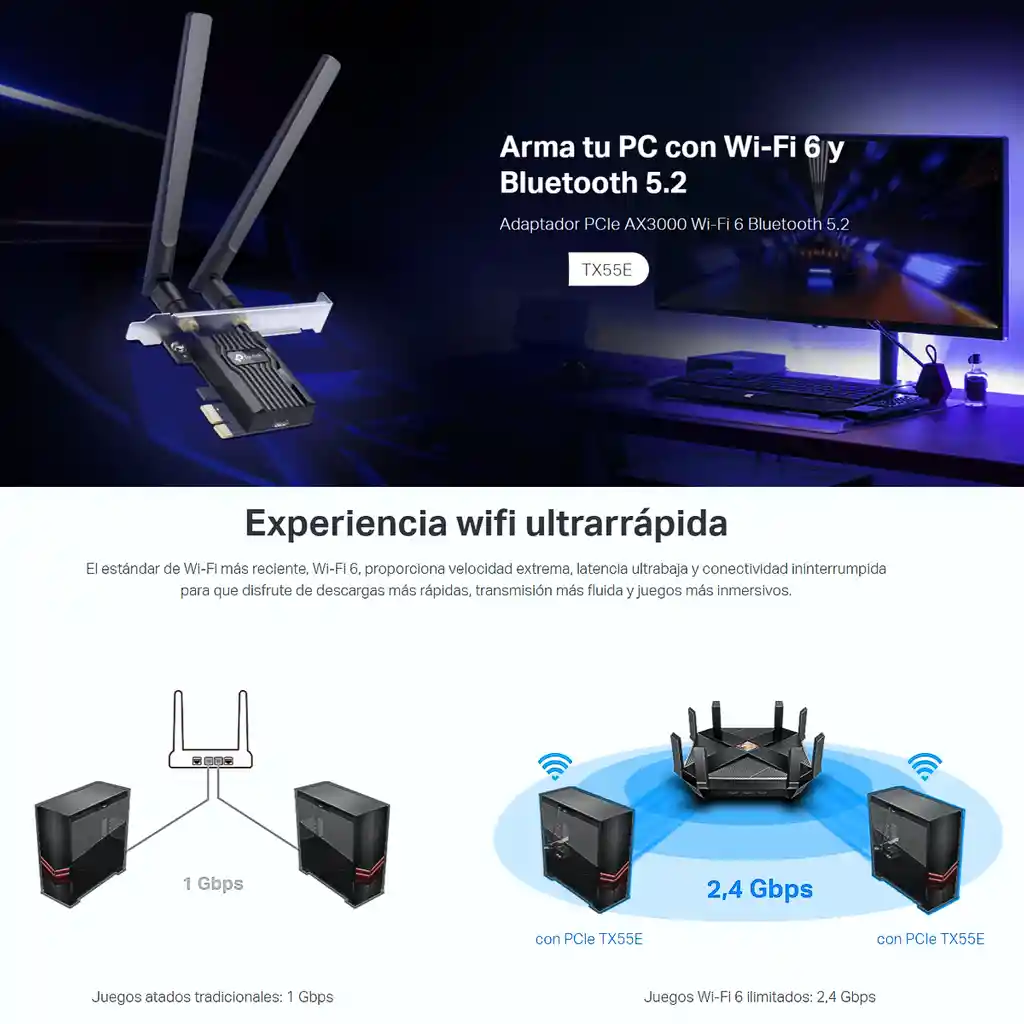  Tarjeta Pcie Wifi 6 Ax3000 + Bt 5.2  Tp-Link  Archer Tx55E 