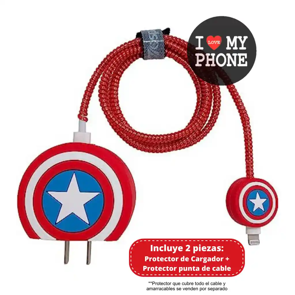 Protector De Cable + Protector De Cargador. Modelo: Escudo Capitan América