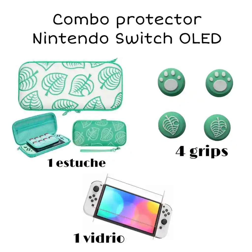 Combo Estuche Animal Crossing + Vidrio + 4 Grips Nintendo Switch Oled