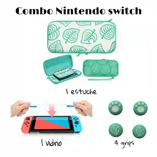 Combo Estuche Animal Crossing + Vidrio + 4 Grips Nintendo Switch Clasica