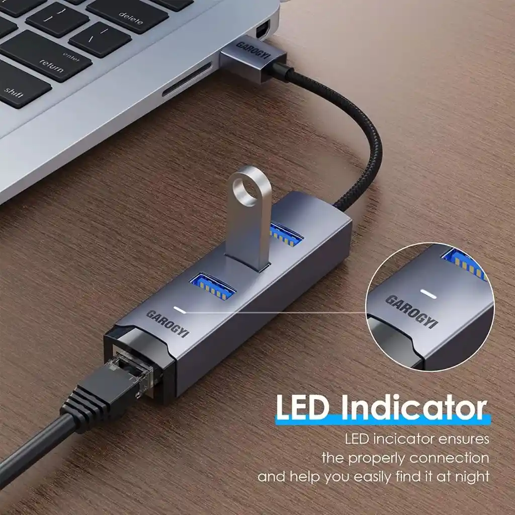 Adaptador De Usb A Red Lan 3.0 Gigabit + 3 Puertos Usb 3.0