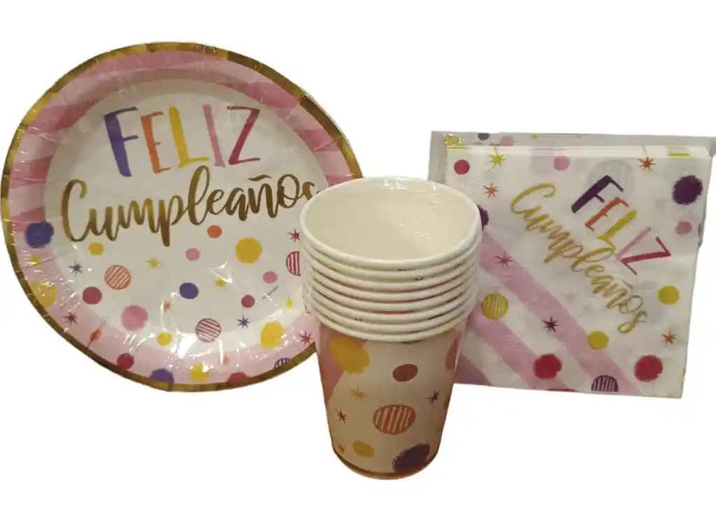 Set - Kit Sempertex Platos, Vasos Y Servilletas Feliz Cumpleaños Destellos X8 Unidades