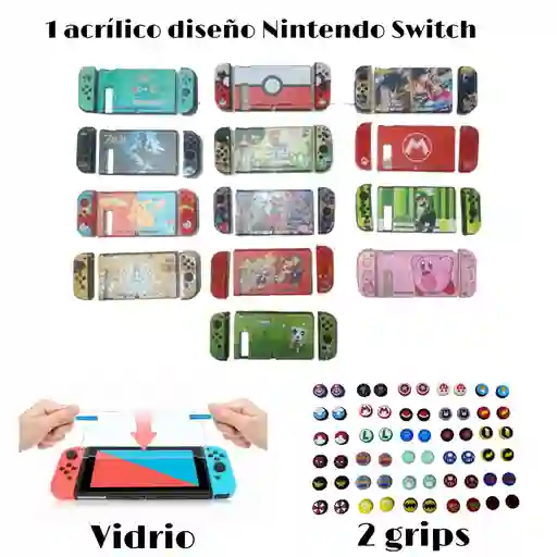 Combo Acrilico / Protector / Funda De Diseño + Vidrio Templado Para Nintendo Swith + 2 Grips