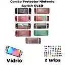 Combo Acrilico / Protector / Funda De Diseño + Vidrio Nintendo Switch Oled + 2 Grips