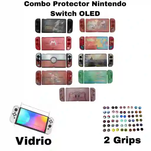 Combo Acrilico / Protector / Funda De Diseño + Vidrio Nintendo Switch Oled + 2 Grips