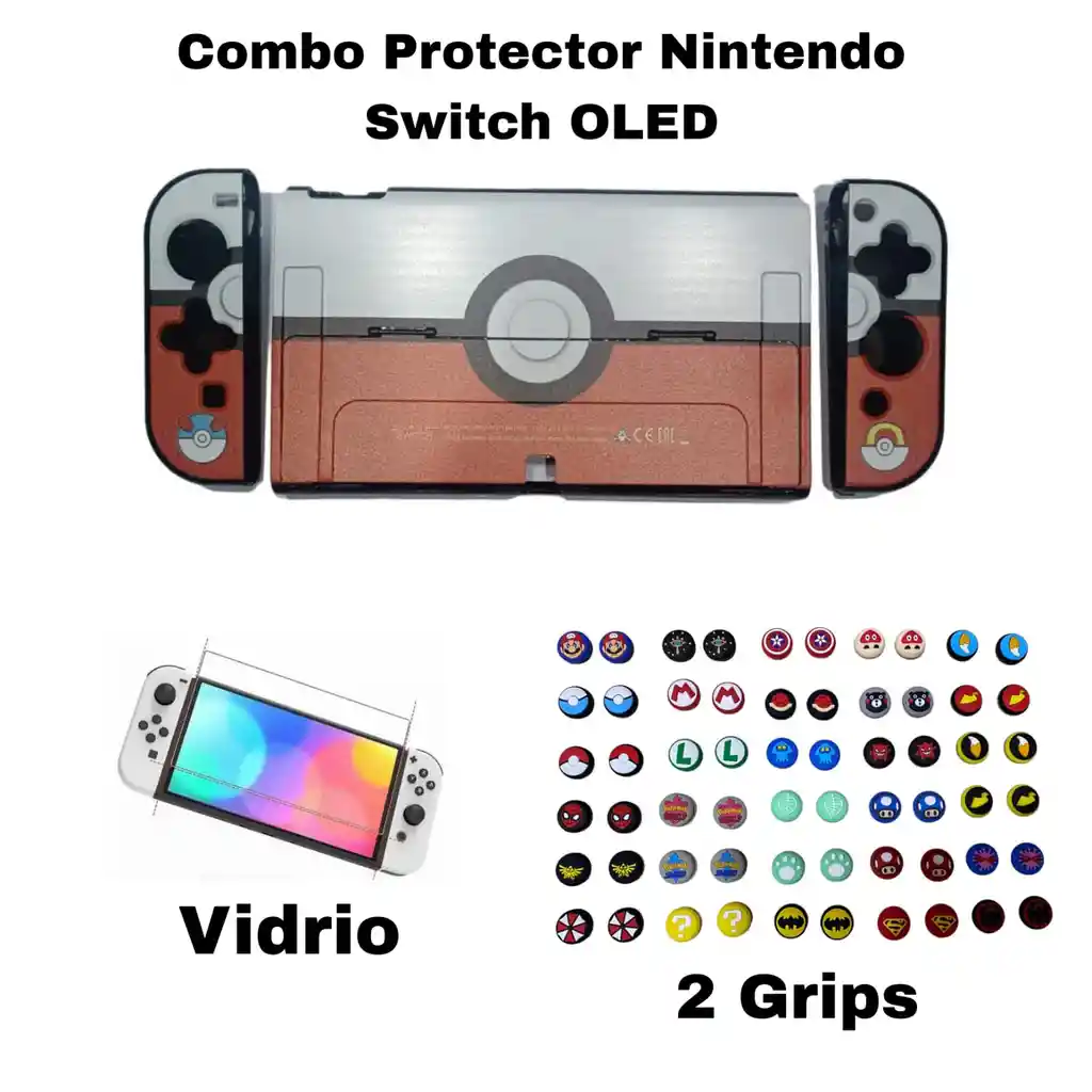 Combo Acrilico / Protector / Funda De Diseño + Vidrio Nintendo Switch Oled + 2 Grips