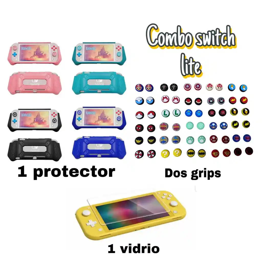 Protector Rígido / Funda + Vidrio Templado + 2 Grips Para Nintendo Switch Lite