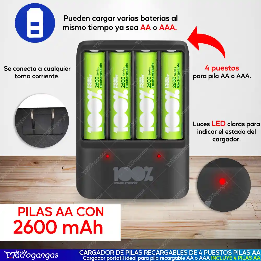 Cargador Baterías Recargables Pilas Aa Peack Power